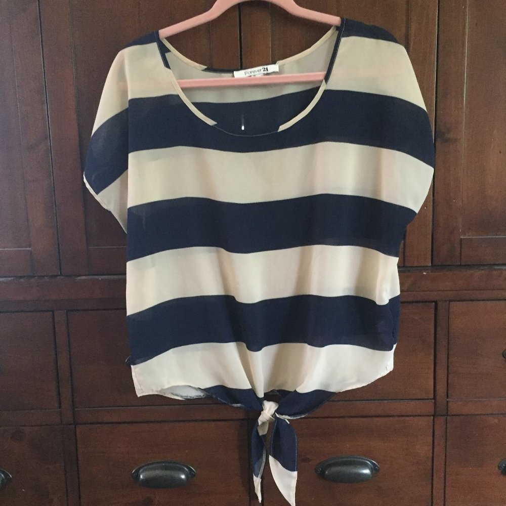 Forever 21 Front Knot Navy and Cream Scoop Neck Chiffon Top Large